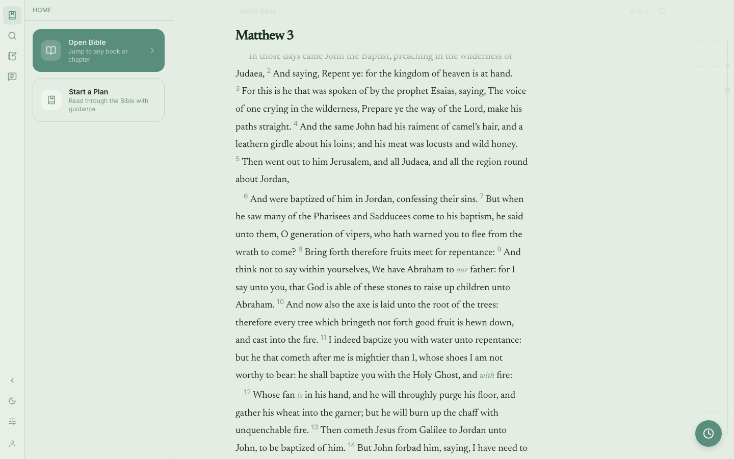 ABBA home with sidebar expanded — Open Bible + Start a Plan