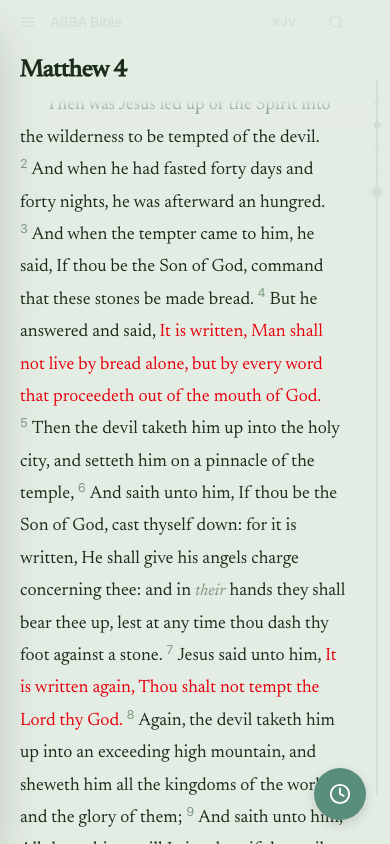 ABBA reading view on iPhone — Matthew 4 with Jesus' words in red