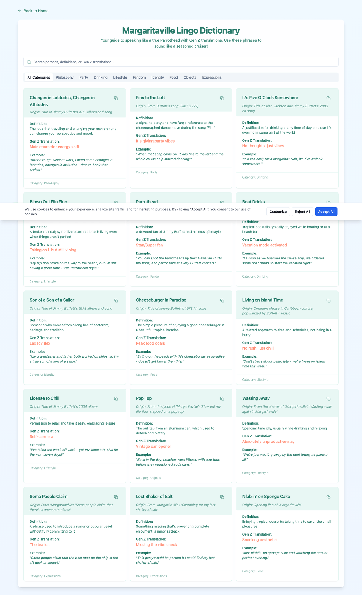 Margaritaville Lingo Dictionary — definitions of Buffett lyrics and Margaritaville phrases