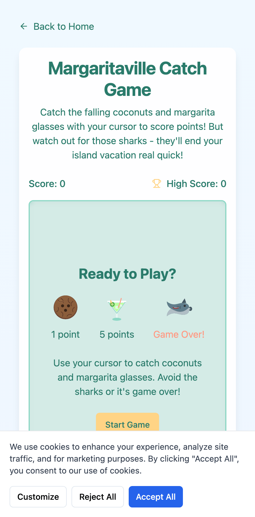 Margaritaville Catch Game on iPhone — Ready to Play screen